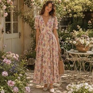 Monte Floral Maxi Dress Floral Full Button Sz L Boho Cottage Core $125 new